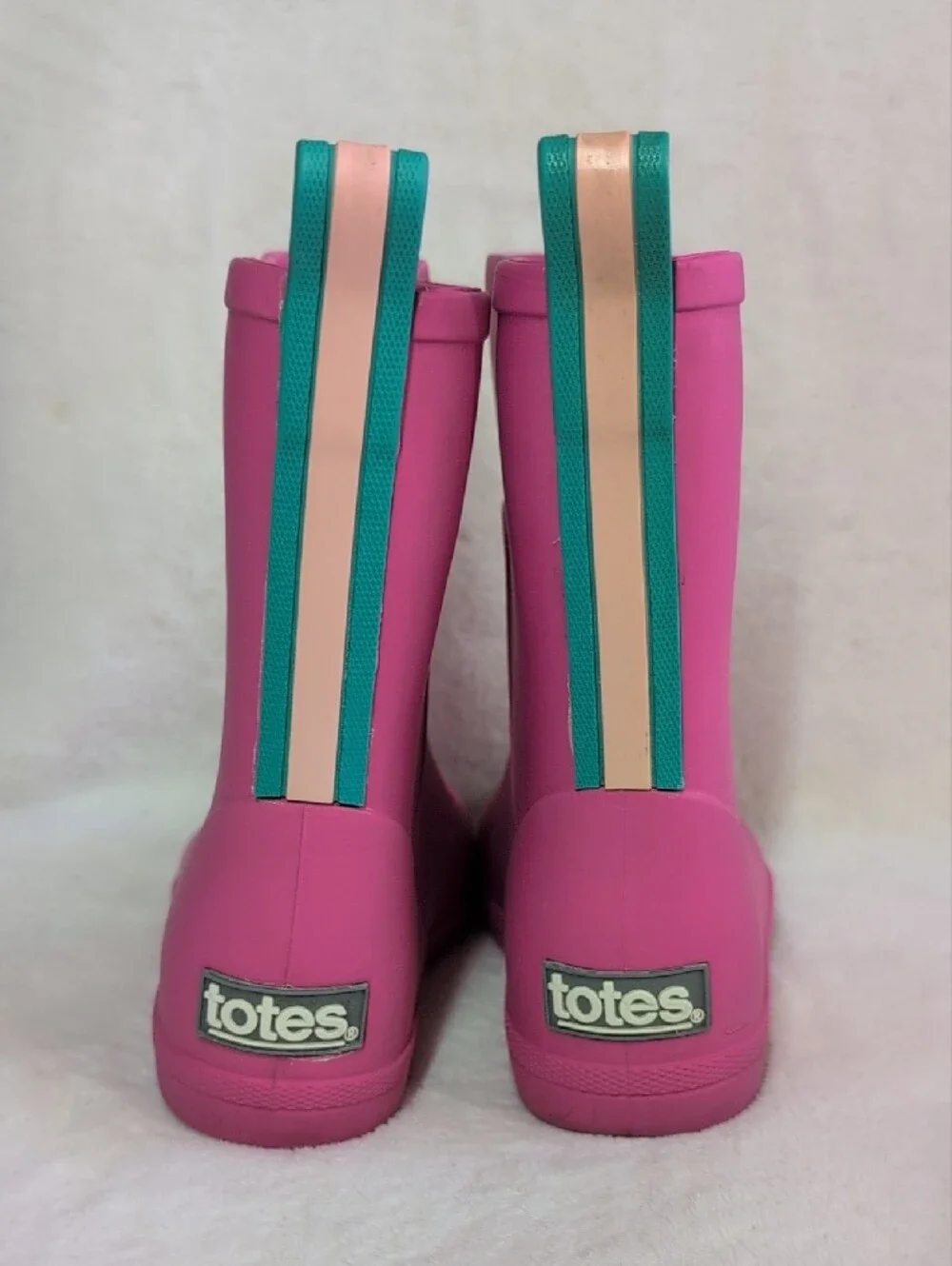 totes Kids Pink Rain Boots with Teal Pull Tabs